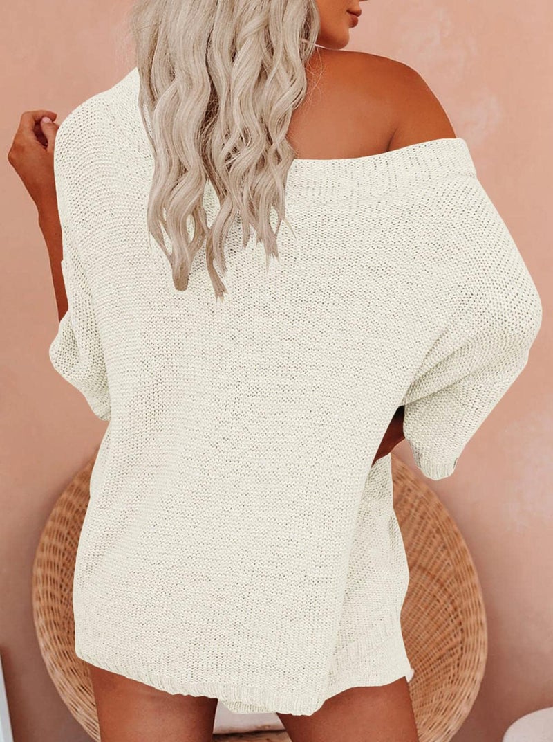 Mafulus Women's 2 Piece Outfits Sweater Sets Off Shoulder Knit Top Shorts Matching Suits Cute Pajama Lounge Set - Image 5